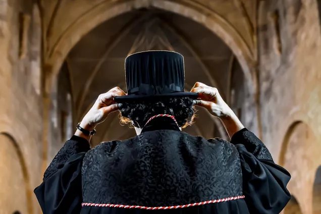 a person with a hat from behind at a doctoral ceremony